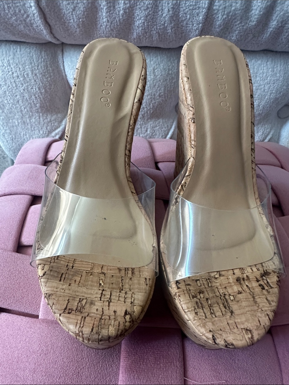 BAMBOO Clear Strap Cork Platform Wedge Sandals - Cork